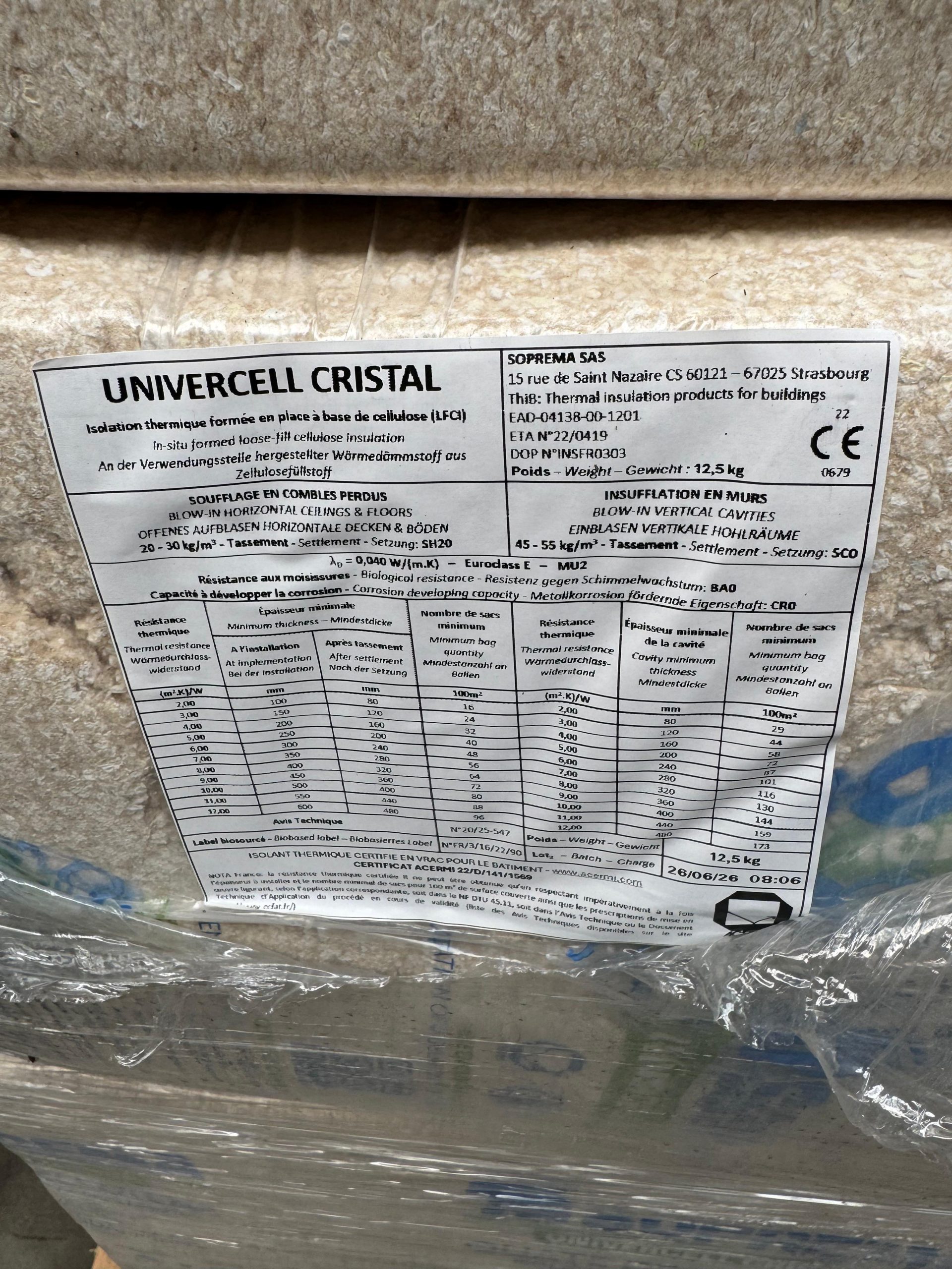 Produktetikett eines Gebindes SOPREMA UNIVERCELL CRISTAL Zellulose-Einblasdämmung